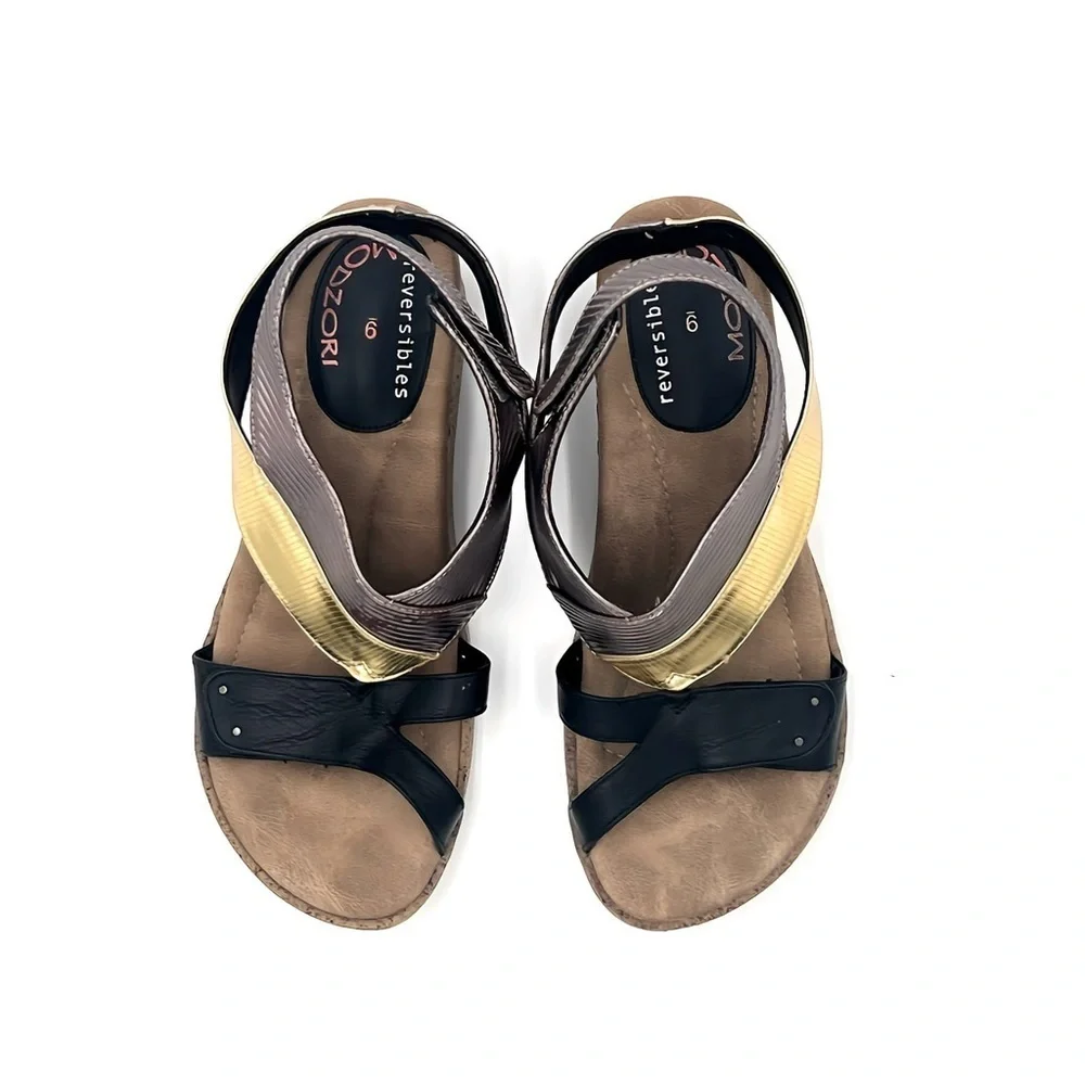 Modzori Palmyra Low Wedge Travel REVERSIBLE Sandal Black, Gold & Silver Size 9